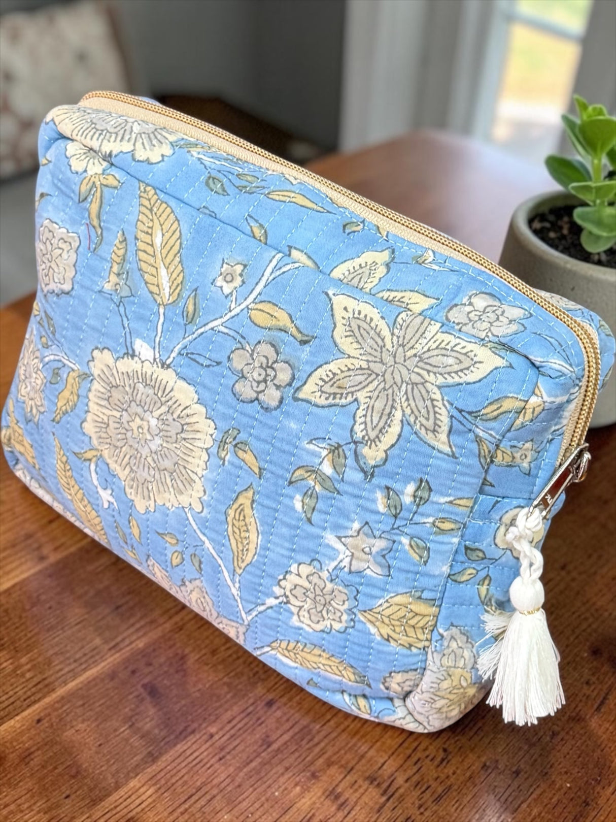 Elegant Spacious Floral Block Print Handcrafted Utility Pouch(with Zip Closure)