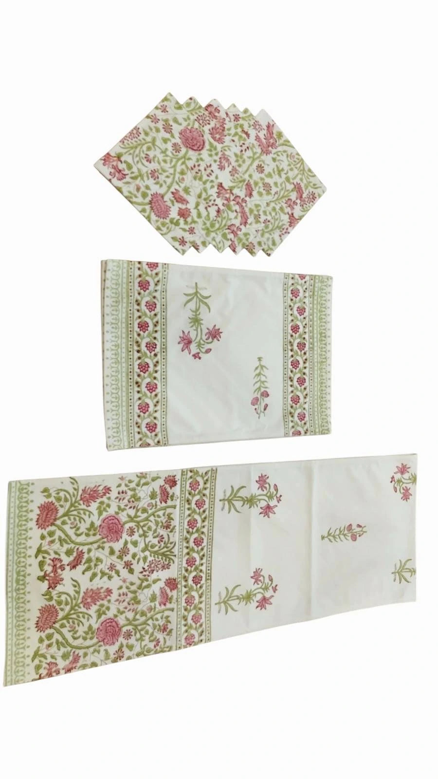 Floral Pink Handblock Printed Six Seater Table Runner, Six Mats and Six Napkin Set