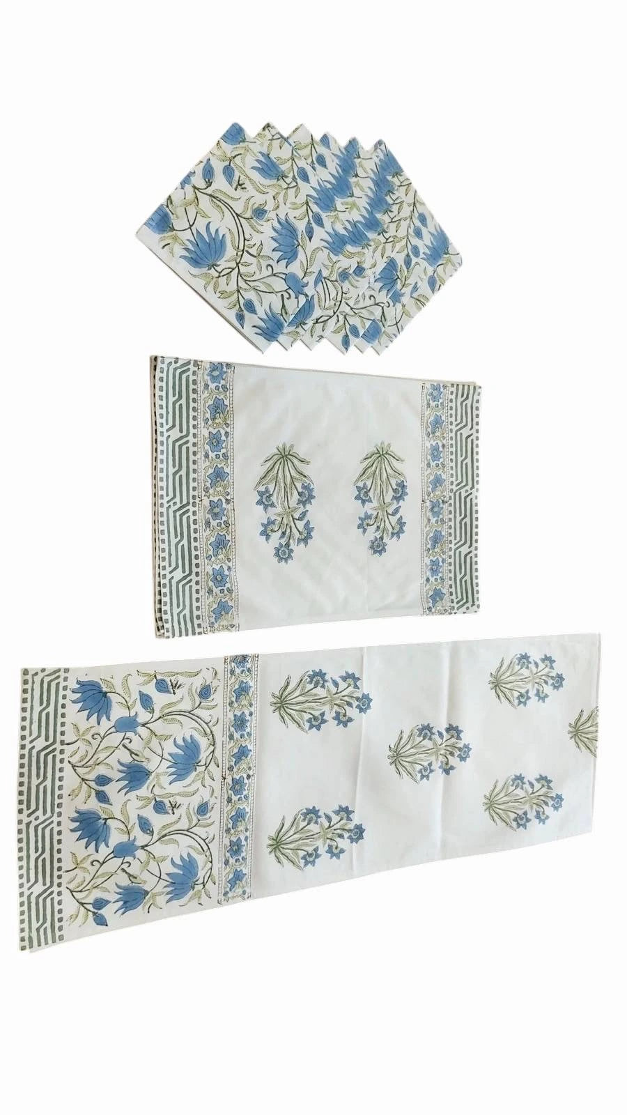 Floral Blue Handblock Printed Six Seater Table Runner, Six Mats and Six Napkin Set