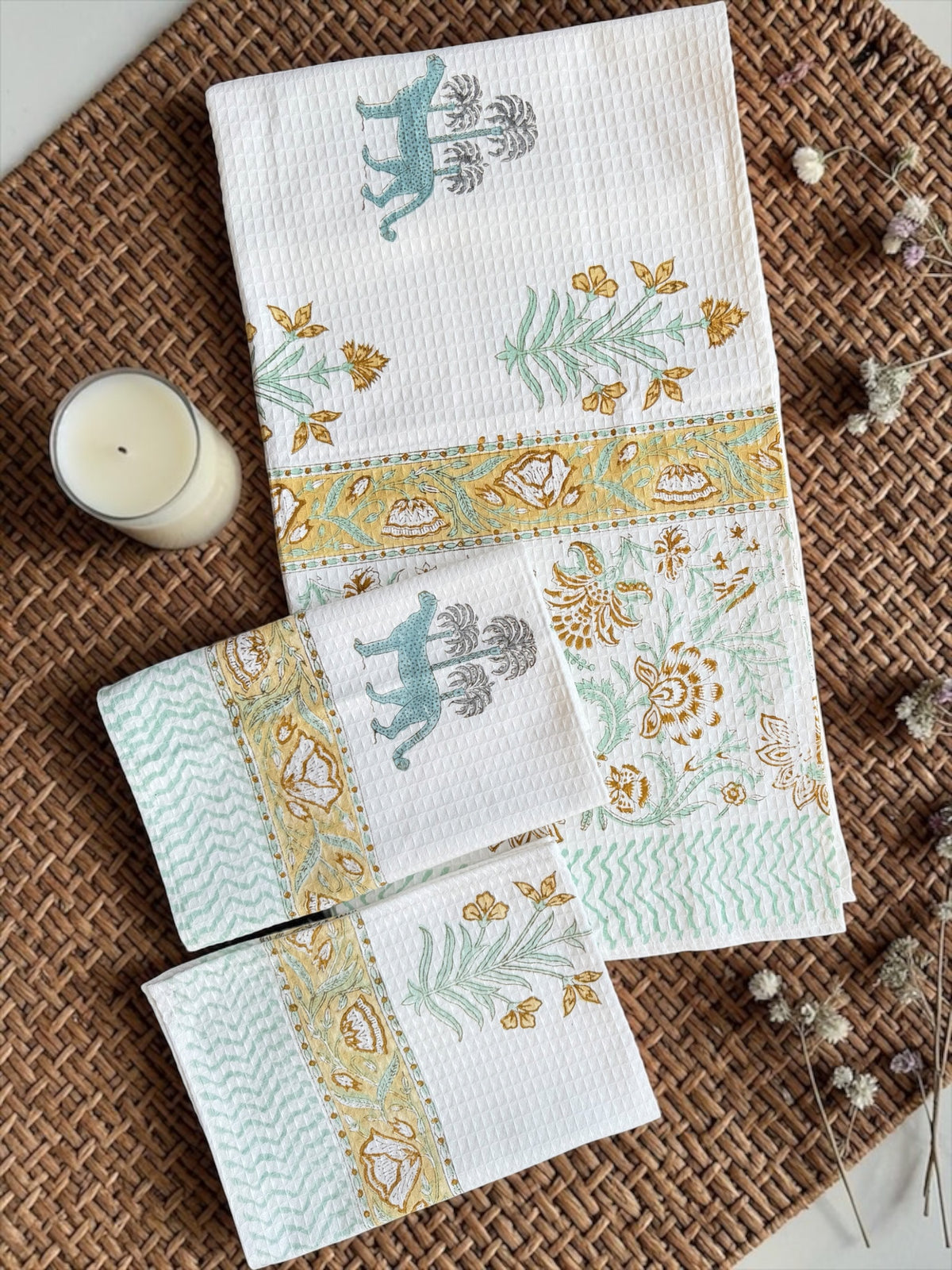 Tiger Grove Handblock Printed Waffle Weave Cotton Towel Set (1 Bath, 2 Hand)