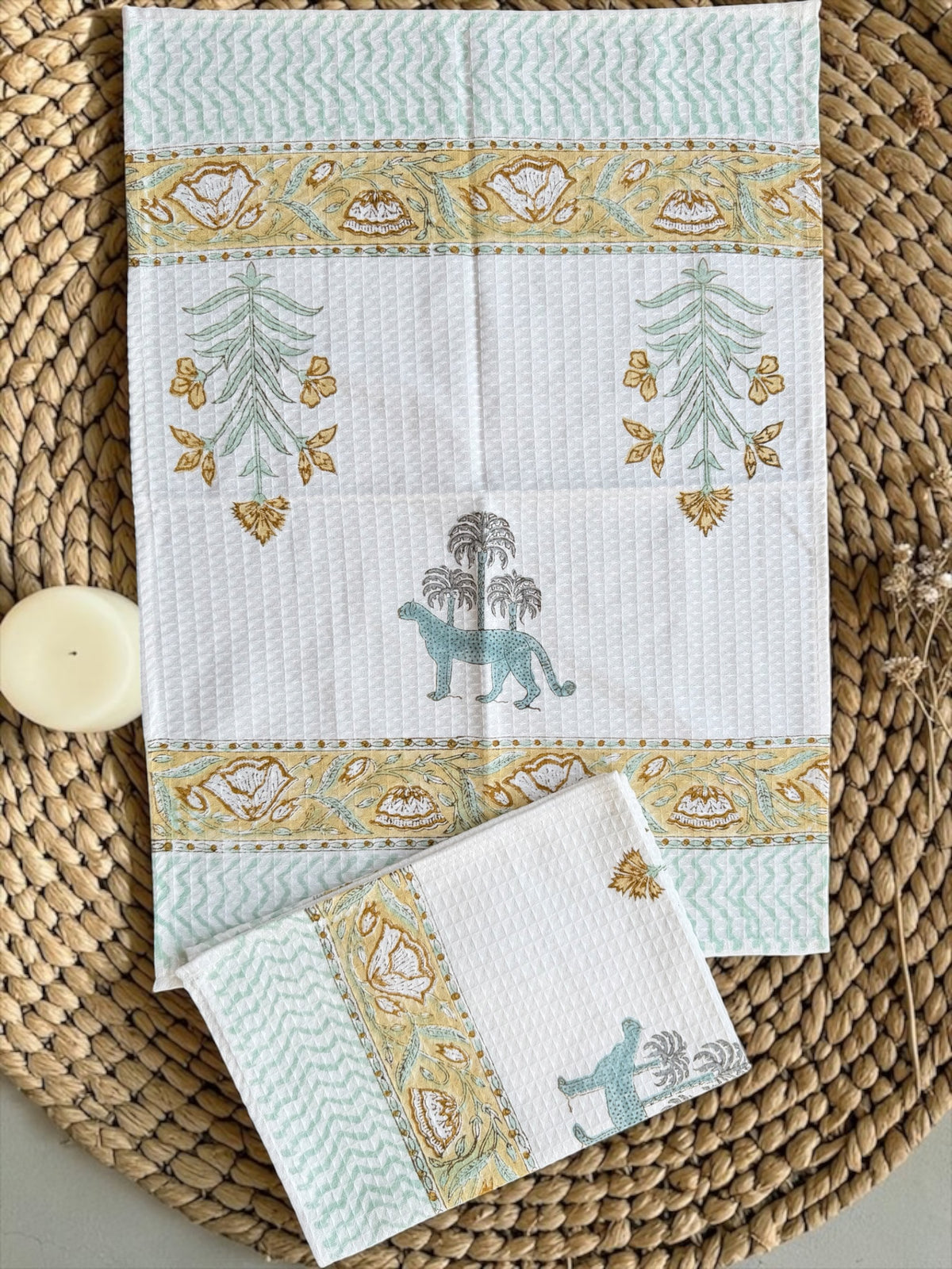 Tiger Grove Handblock Printed Waffle Weave Cotton Towel Set (1 Bath, 2 Hand)