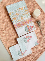 Floral Bloom Handblock Printed Waffle Weave Cotton Towel Set (1 Bath, 2 Hand)