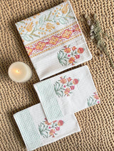 Floral Bloom Handblock Printed Waffle Weave Cotton Towel Set (1 Bath, 2 Hand)
