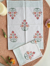 Floral Bloom Handblock Printed Waffle Weave Cotton Towel Set (1 Bath, 2 Hand)