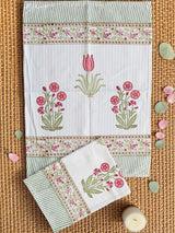 Tulip Garden Handblock Printed Waffle Weave Cotton Towel Set (1 Bath, 2 Hand)