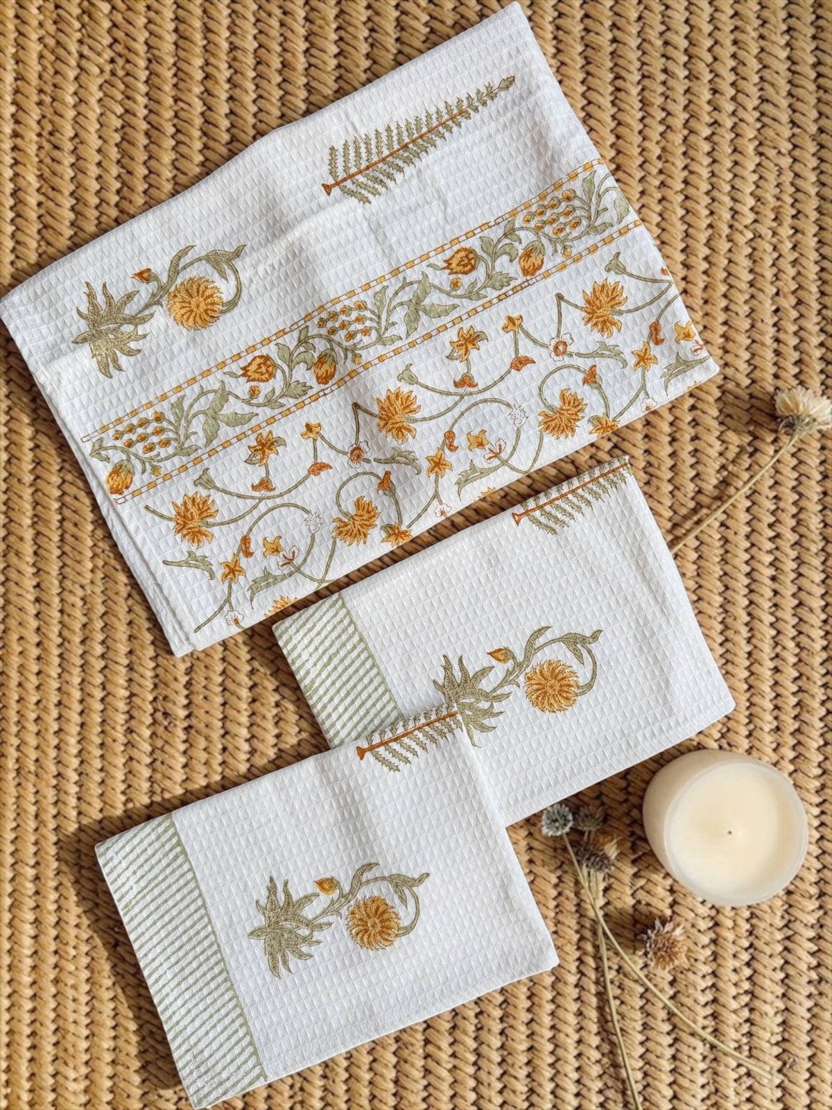 Golden Fern Handblock Printed Waffle Weave Cotton Towel Set (1 Bath, 2 Hand)
