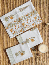 Golden Fern Handblock Printed Waffle Weave Cotton Towel Set (1 Bath, 2 Hand)