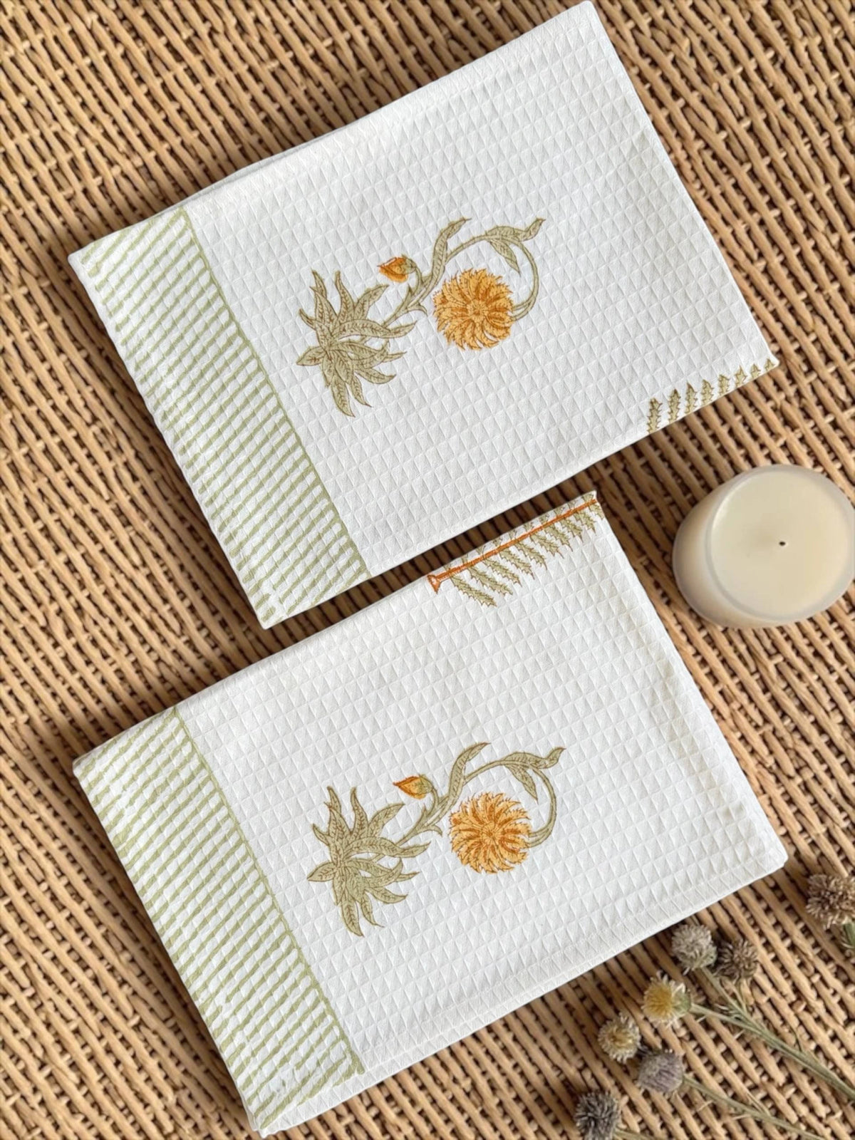 Golden Fern Handblock Printed Waffle Weave Cotton Towel Set (1 Bath, 2 Hand)