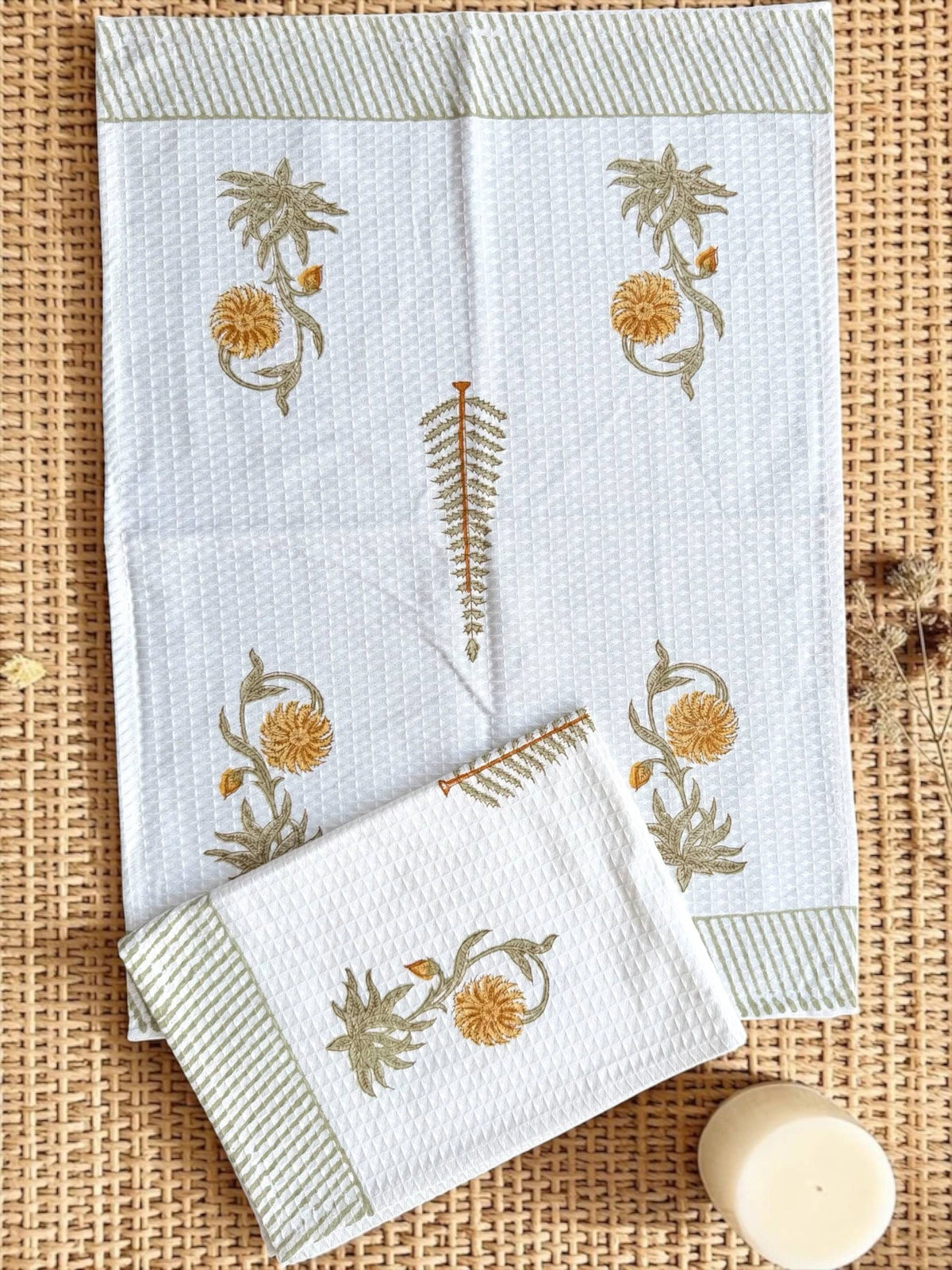 Golden Fern Handblock Printed Waffle Weave Cotton Towel Set (1 Bath, 2 Hand)