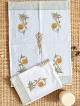 Golden Fern Handblock Printed Waffle Weave Cotton Towel Set (1 Bath, 2 Hand)