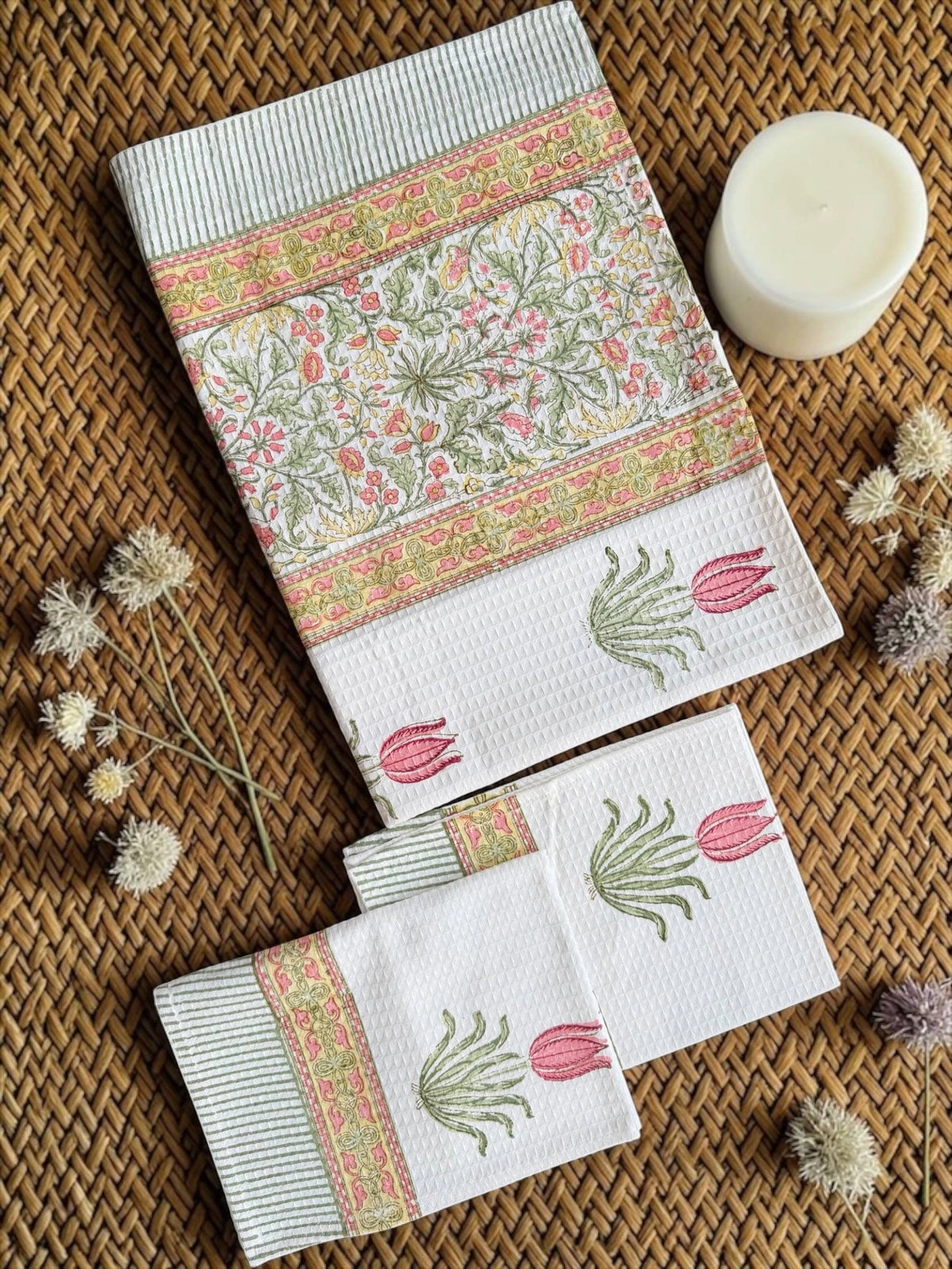Floral Meadow Handblock Printed Waffle Weave Cotton Towel Set (1 Bath, 2 Hand)