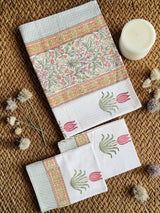 Floral Meadow Handblock Printed Waffle Weave Cotton Towel Set (1 Bath, 2 Hand)