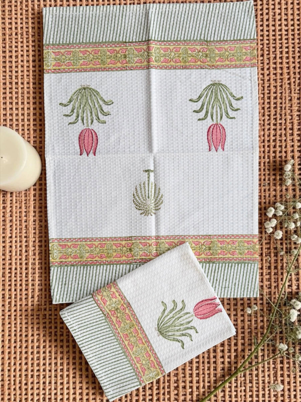 Floral Meadow Handblock Printed Waffle Weave Cotton Towel Set (1 Bath, 2 Hand)