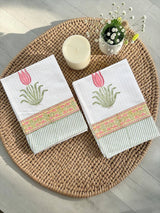 Floral Meadow Handblock Printed Waffle Weave Cotton Towel Set (1 Bath, 2 Hand)