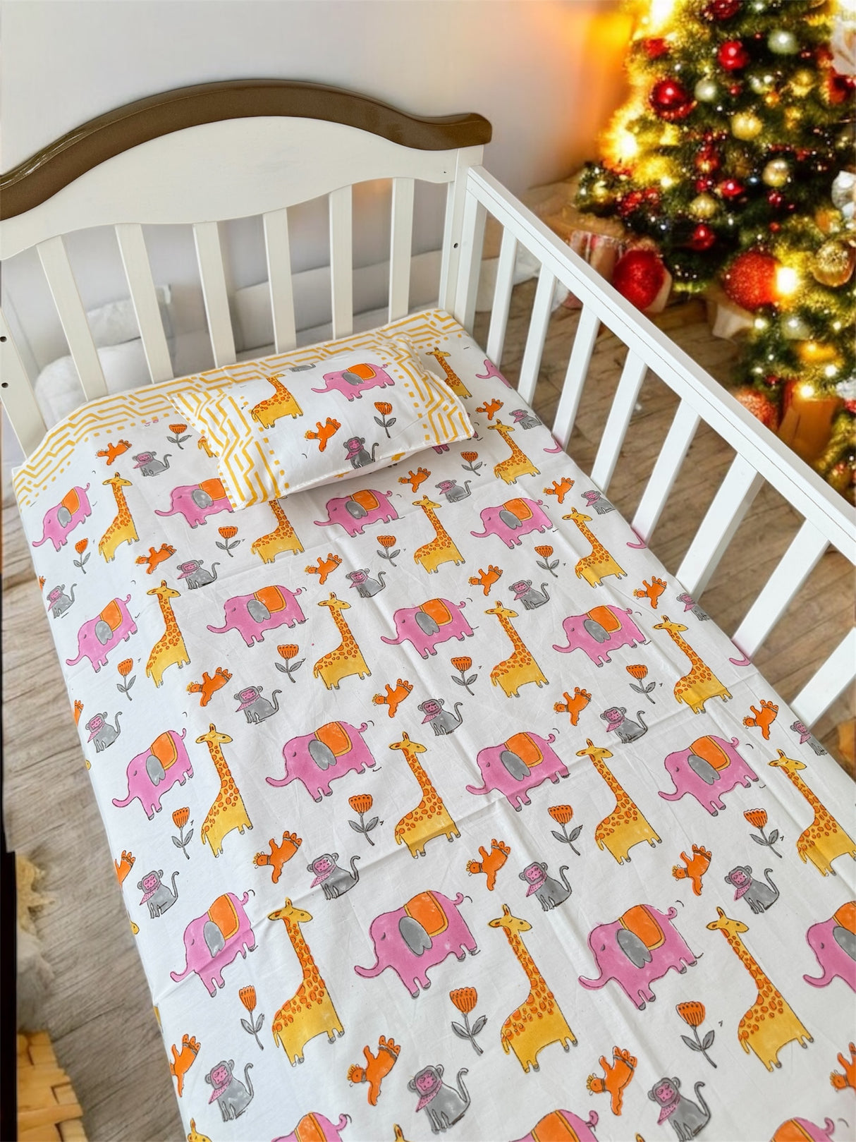 Pink Yellow crib sheet for kids room