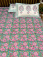 Pink flower hand block printed cotton bedsheet