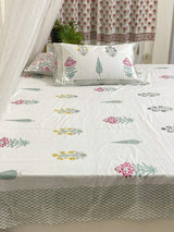 Premium cotton fitted bedsheet with colourful floral and cypress motifs