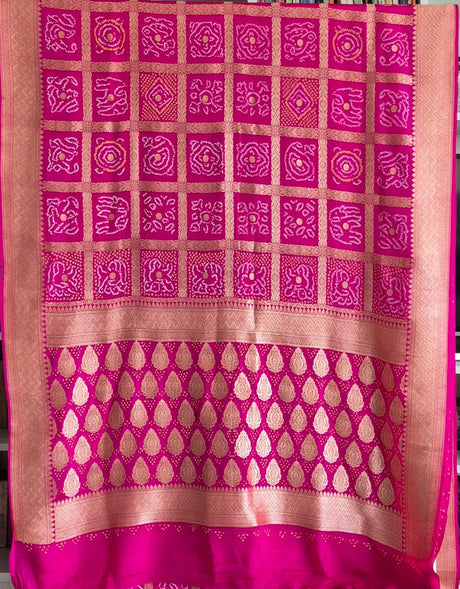 Rani-pink-pure-banarasi-georgette-gharchola-bandhani-saree