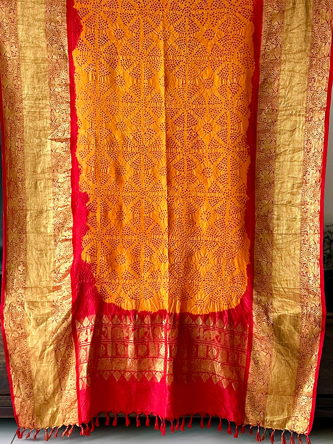 Red and Orange Kanjivaram Silk Bandhani Dupatta