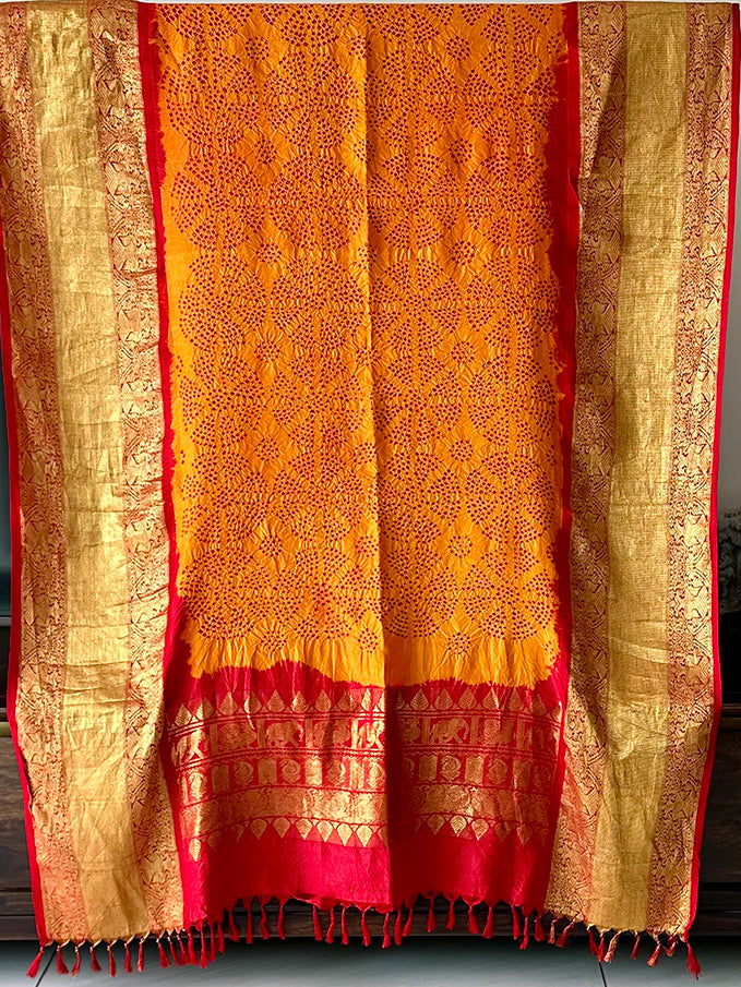 Red and Orange Kanjivaram Silk Bandhani Dupatta