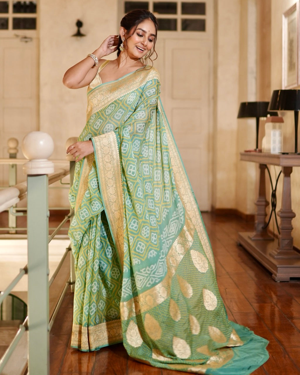 Serene Green Banarasi Georgette Bandhani Saree