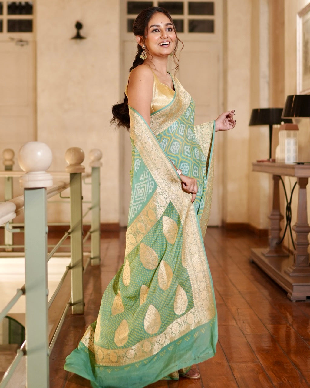 Serene Green Banarasi Georgette Bandhani Saree