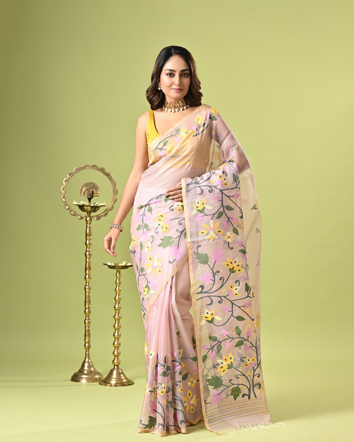 Powder Pink Handloom Muslin Silk Saree with Jamdani weaving