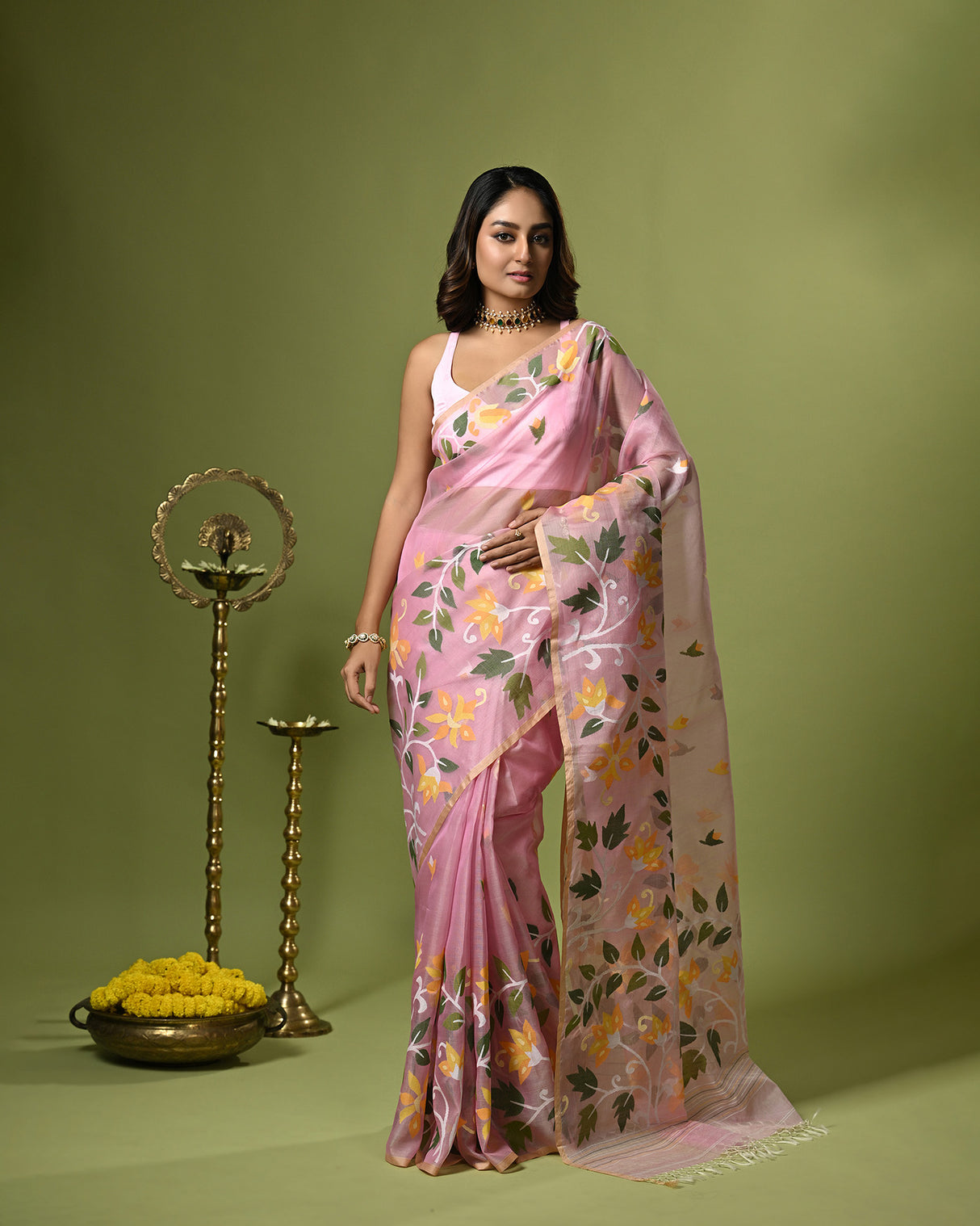 Pink Handloom Muslin Silk Saree with Jamdani weaving