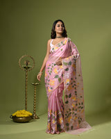 Pink Handloom Muslin Silk Saree with Jamdani weaving