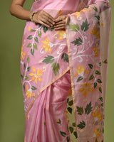 Pink Handloom Muslin Silk Saree with Jamdani weaving