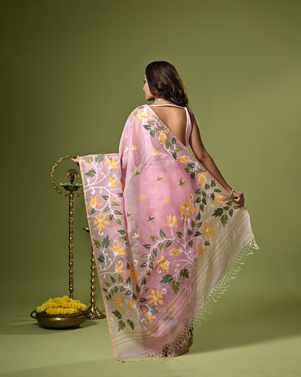 Pink Handloom Muslin Silk Saree with Jamdani weaving