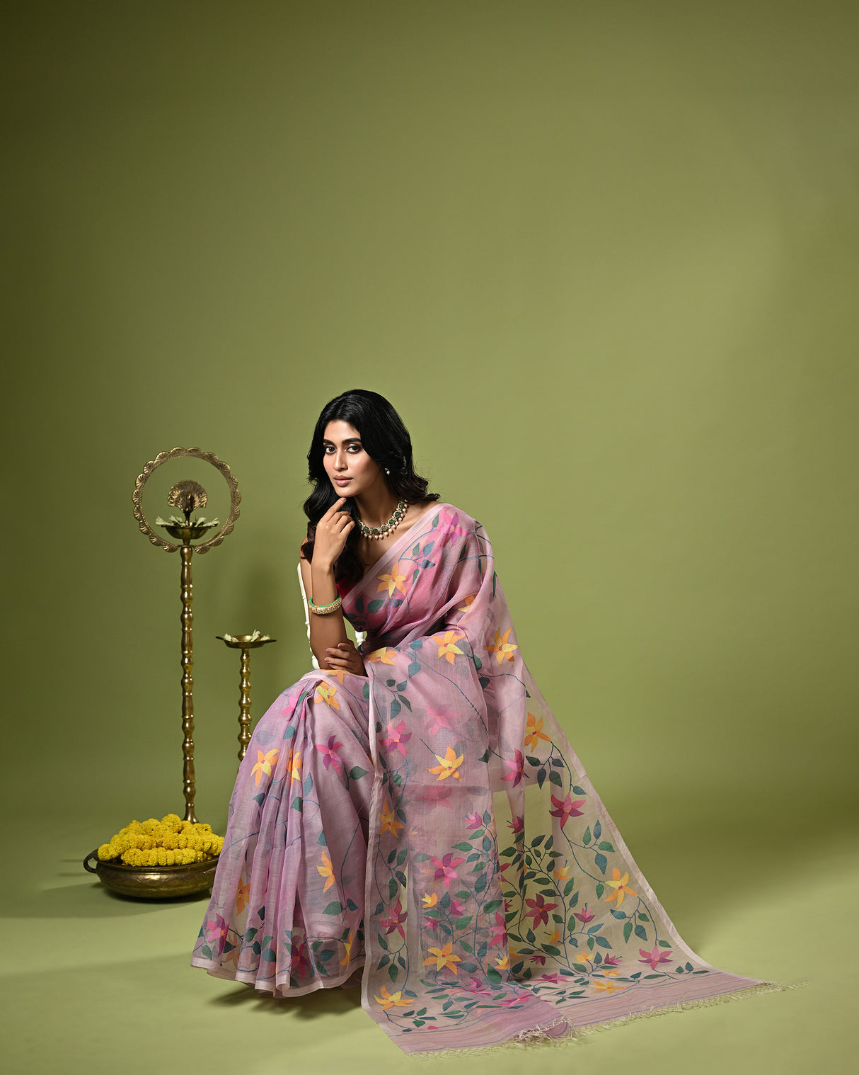 Onion Pink Handloom Muslin Silk Saree with Jamdani weaving