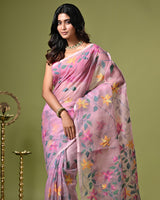 Onion Pink Handloom Muslin Silk Saree with Jamdani weaving