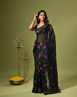 Black Handloom Muslin Silk Saree with Jamdani weaving