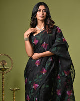 Black Handloom Muslin Silk Saree with Jamdani weaving