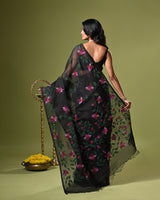 Black Handloom Muslin Silk Saree with Jamdani weaving