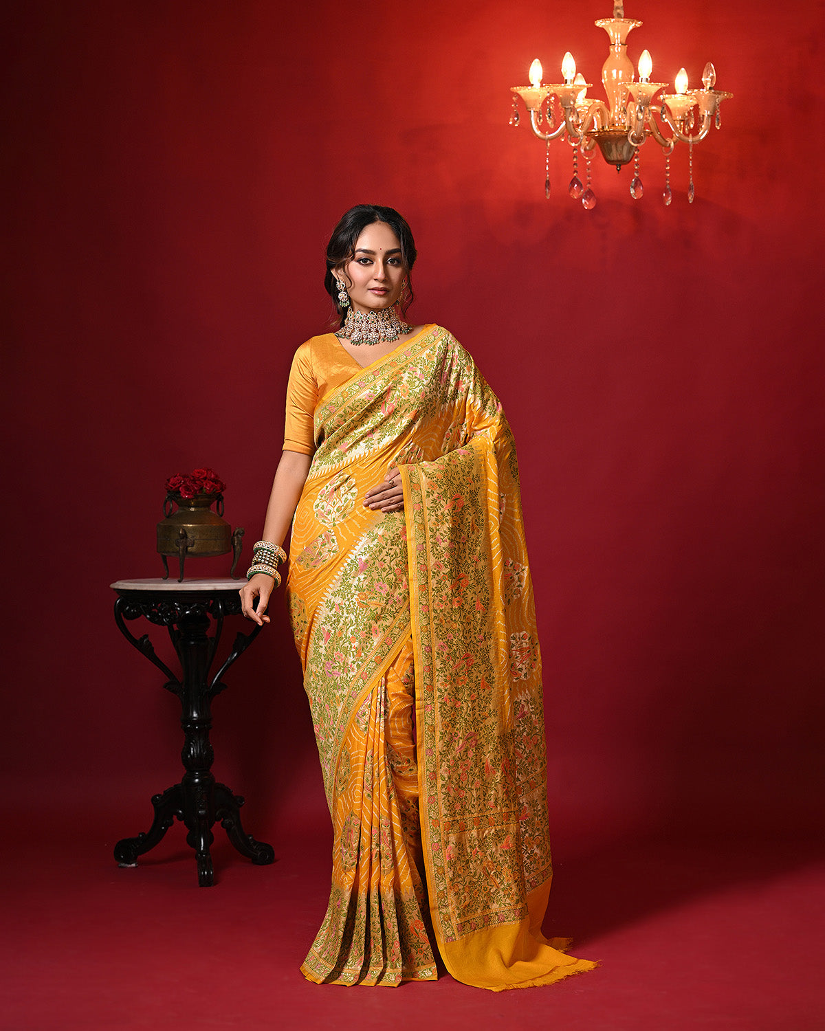 Mango Yellow Floral Handloom Pure Banarsi Georgette Bandhani Saree