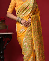 Mango Yellow Floral Handloom Pure Banarsi Georgette Bandhani Saree