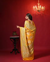 Mango Yellow Floral Handloom Pure Banarsi Georgette Bandhani Saree