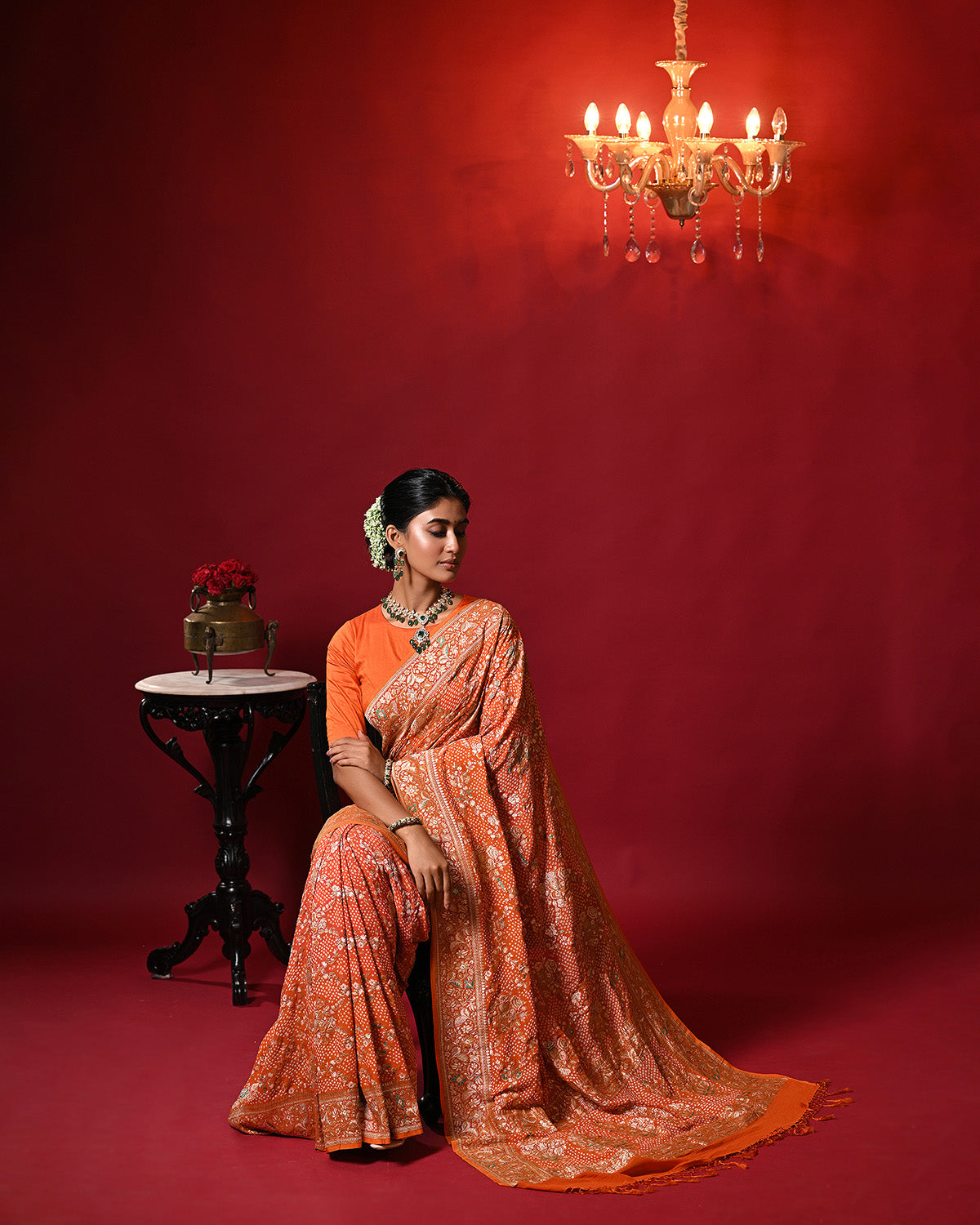 Dual Shade Orange Exclusive Handloom Pure Banarsi Georgette Bandhani Saree