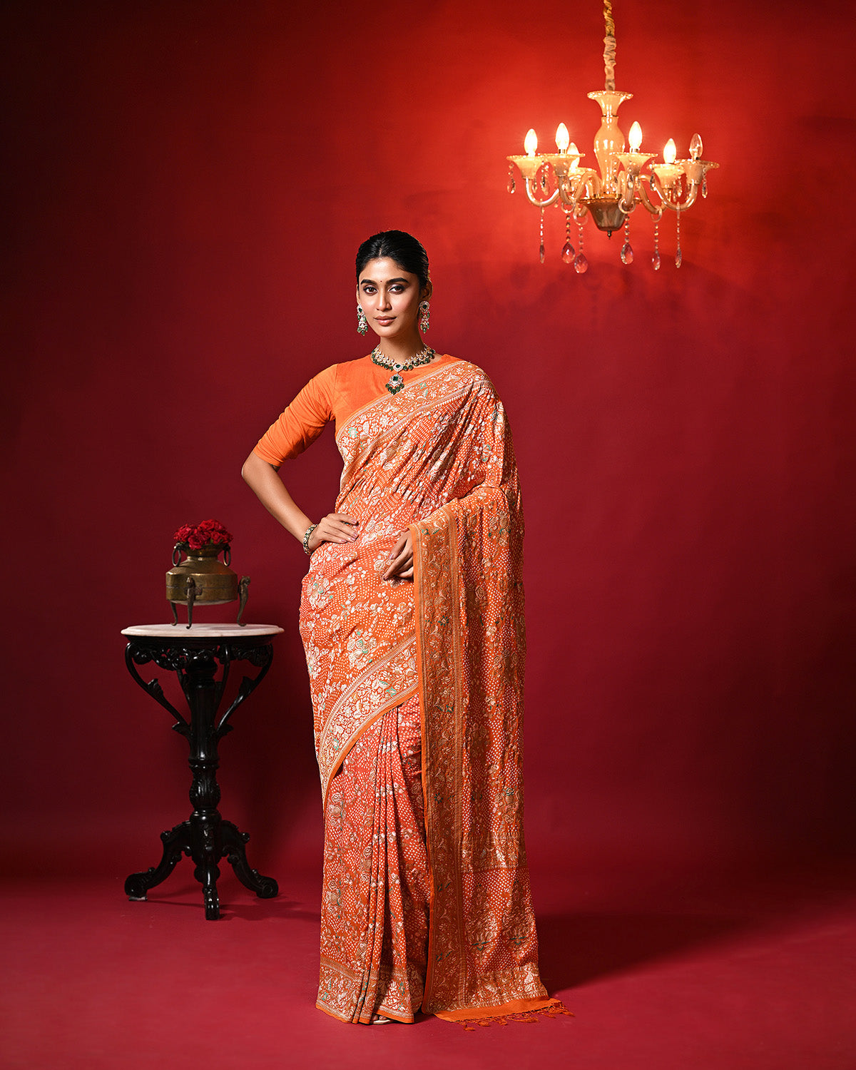 Dual Shade Orange Exclusive Handloom Pure Banarsi Georgette Bandhani Saree