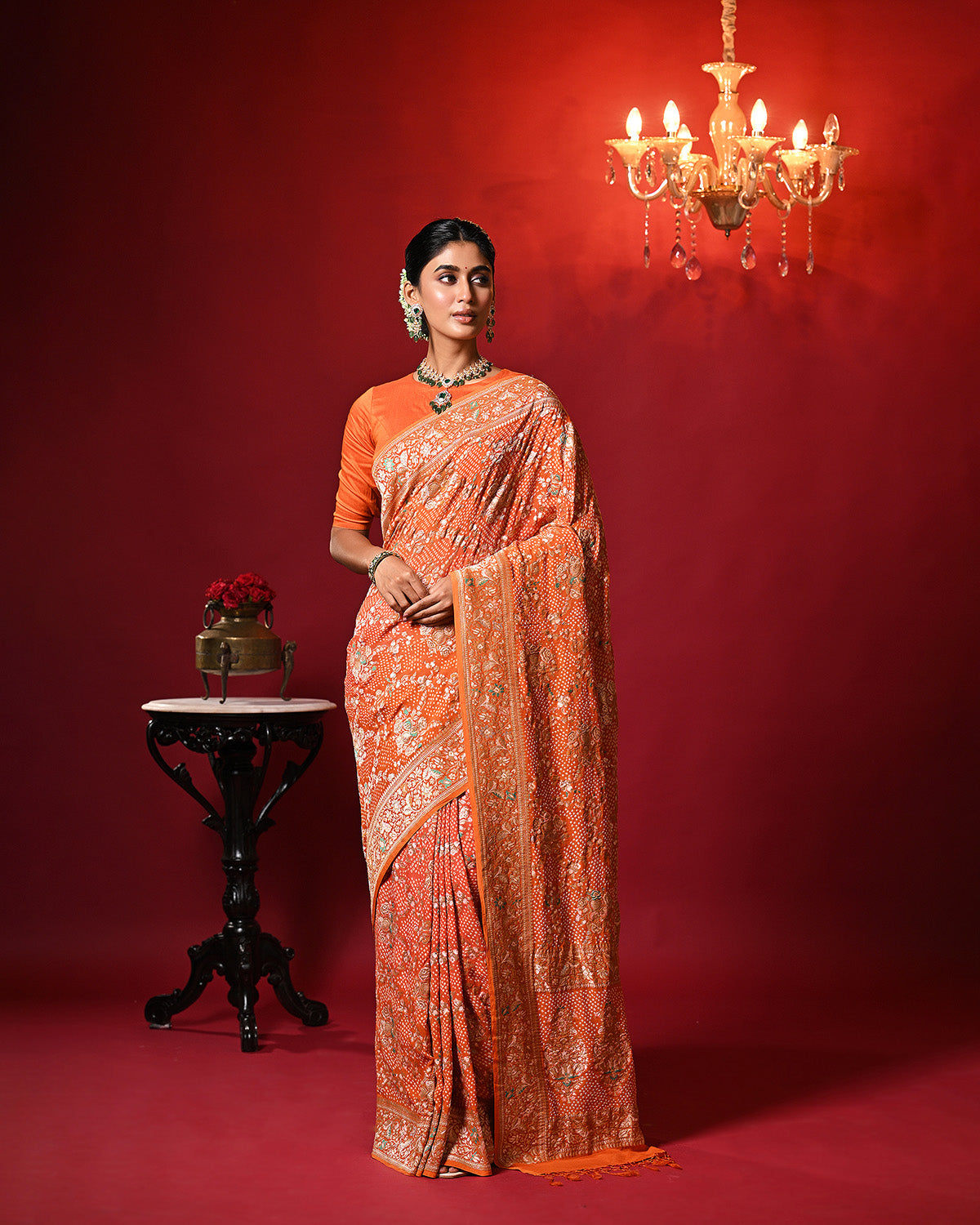 Dual Shade Orange Exclusive Handloom Pure Banarsi Georgette Bandhani Saree