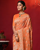 Dual Shade Orange Exclusive Handloom Pure Banarsi Georgette Bandhani Saree