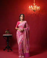 Floral Pink Exclusive Handloom Pure Banarsi Georgette Bandhani Saree