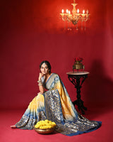 Dual Shade Blue and Yellow Exclusive Handloom Pure Banarsi Georgette Bandhani Saree