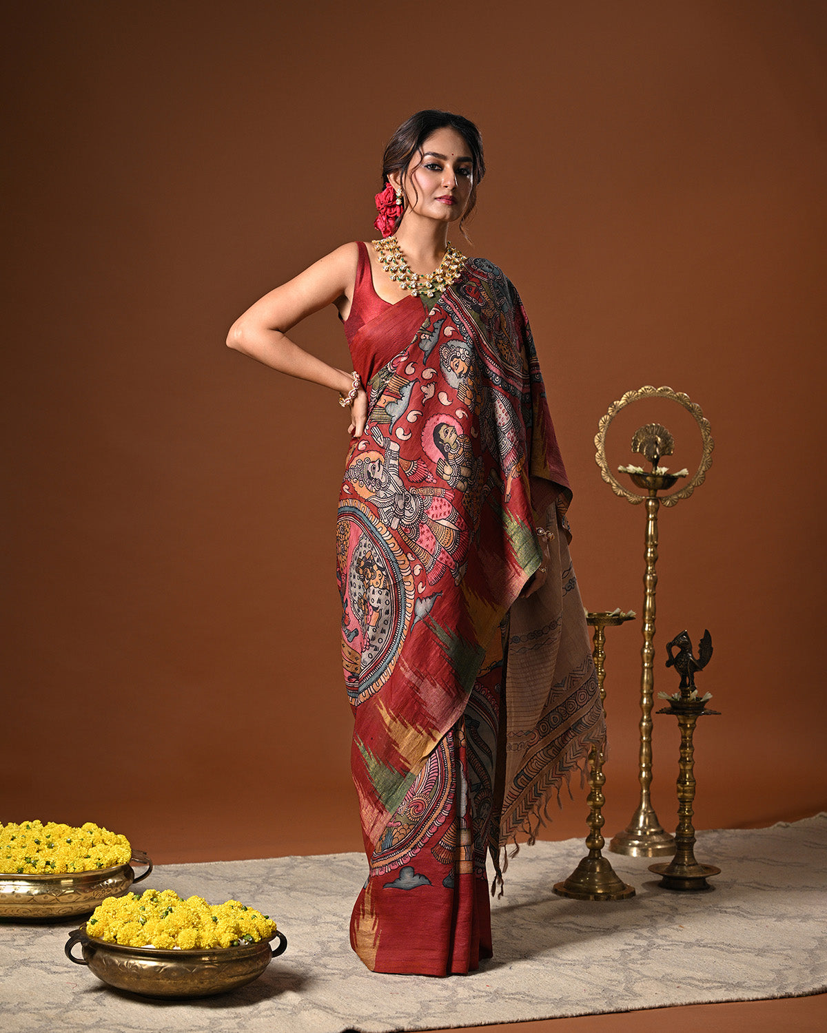 Krishna Leela Theme Pure Kanjivaram Silk Kalamkari Saree - red