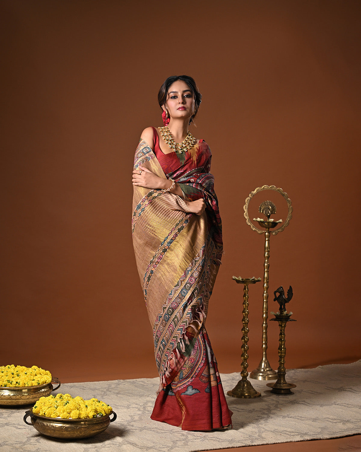 Krishna Leela Theme Pure Kanjivaram Silk Kalamkari Saree - red