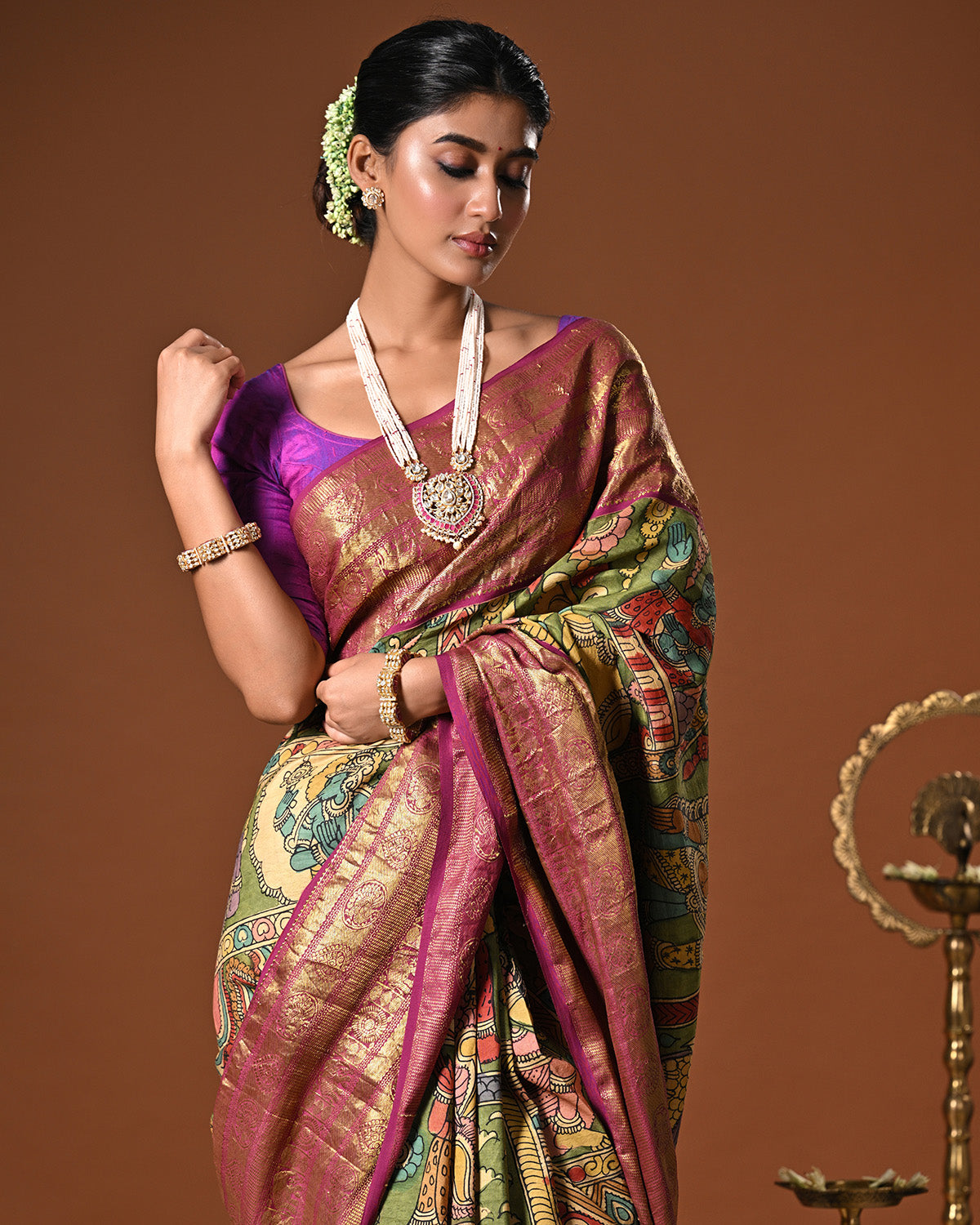 Dashavtaram Theme Pure Kanjivaram Silk Kalamkari Saree