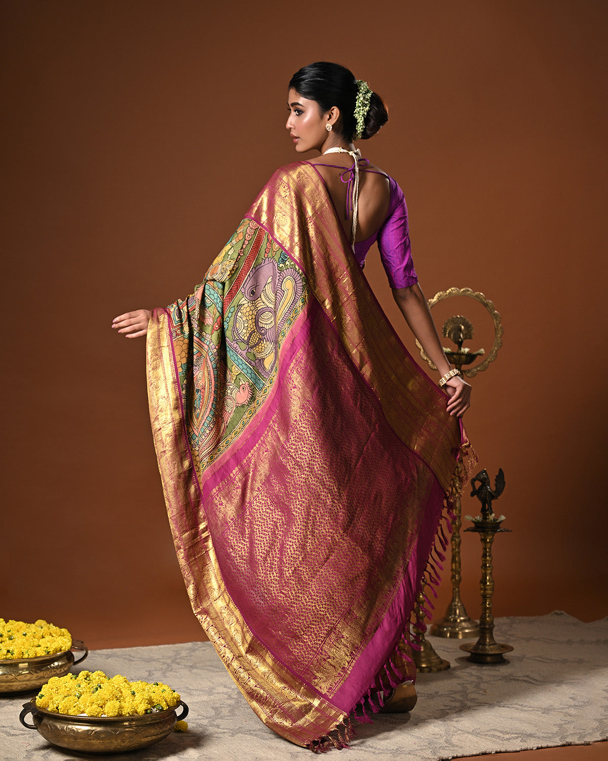 Dashavtaram Theme Pure Kanjivaram Silk Kalamkari Saree