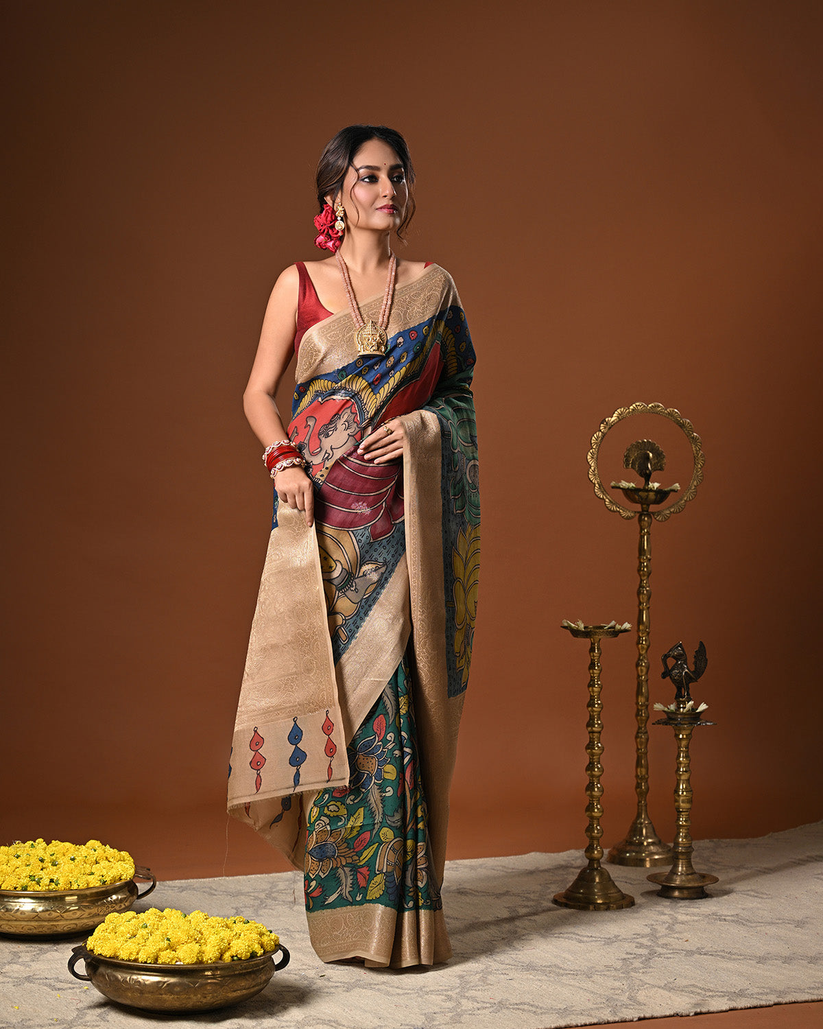 Dashavtaram Theme Pure Banarsi Munga Silk Kalamkari Saree